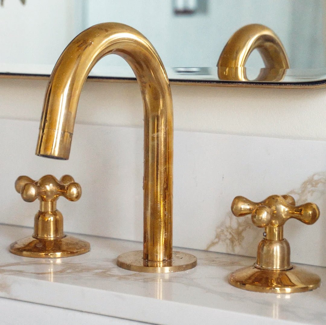 Unlacquered Brass Bathroom Faucet - 3 Holes Widespread Deck Mounted Tap - BRASSDORIA