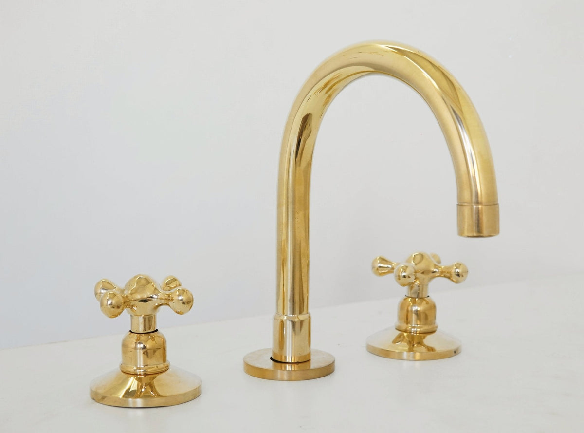 Unlacquered Brass Bathroom Faucet - 3 Holes Widespread Deck Mounted Tap - BRASSDORIA