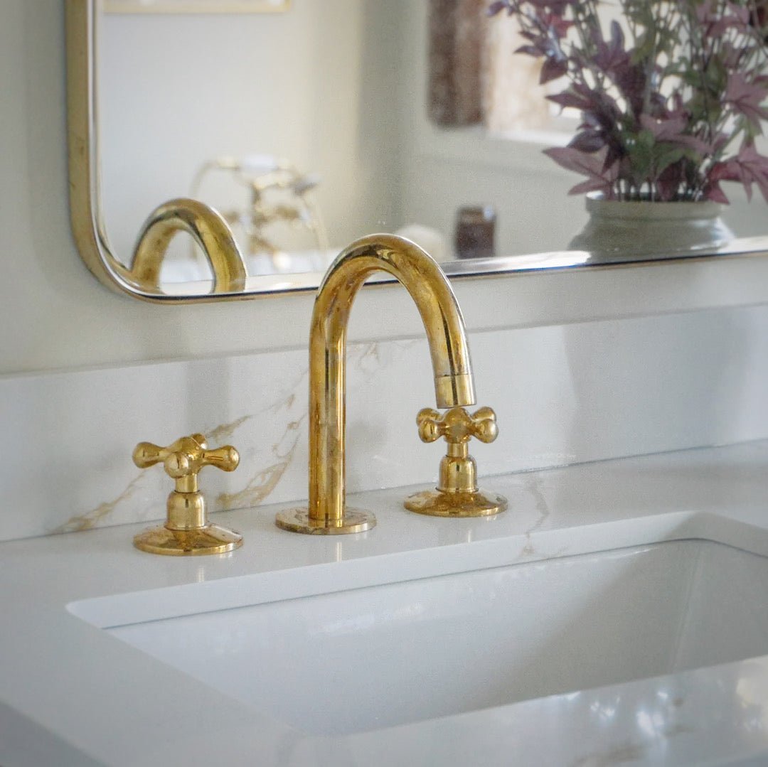 Unlacquered Brass Bathroom Faucet - 3 Holes Widespread Deck Mounted Tap - BRASSDORIA
