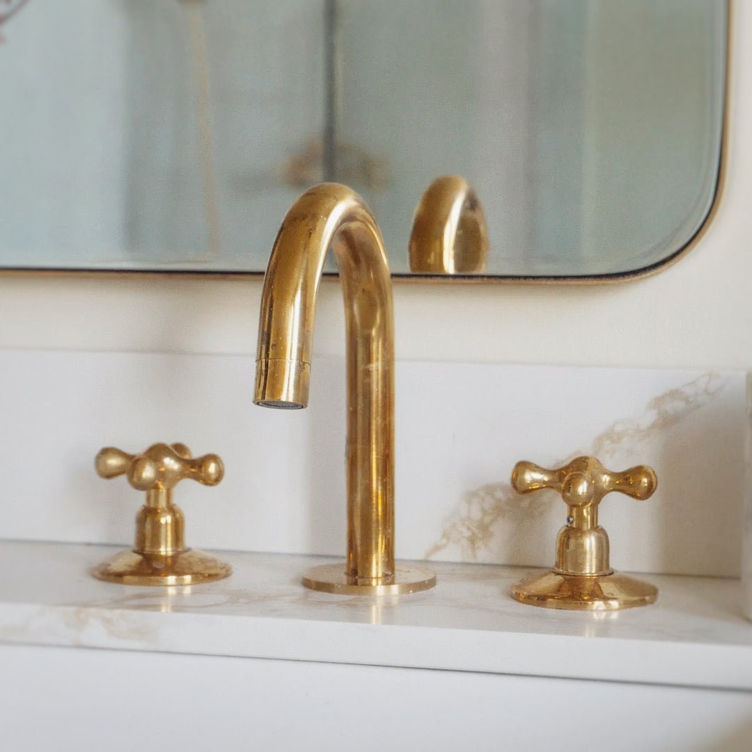 Unlacquered Brass Bathroom Faucet - 3 Holes Widespread Deck Mounted Tap - BRASSDORIA