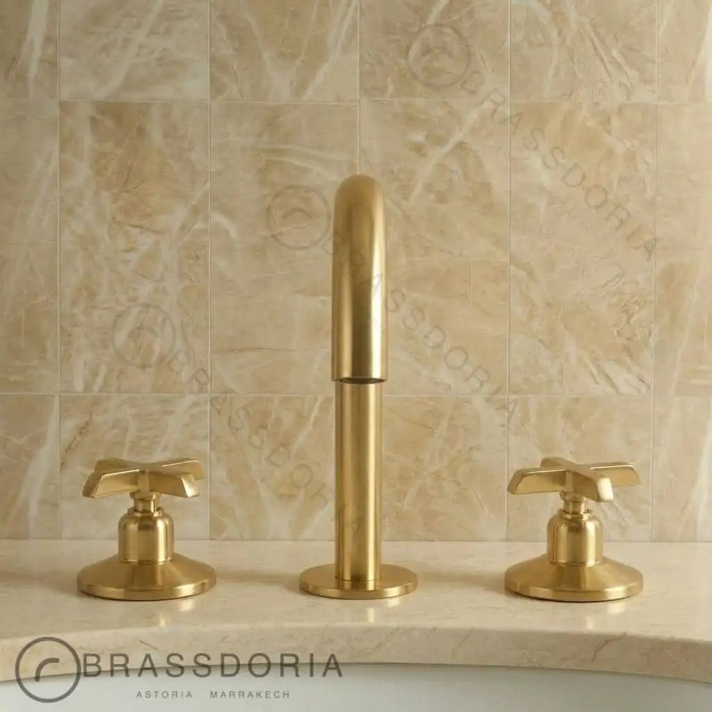 Unlacquered Brass Bathroom Faucet - 3 Holes Widespread Deck Mounted Tap - BRASSDORIA