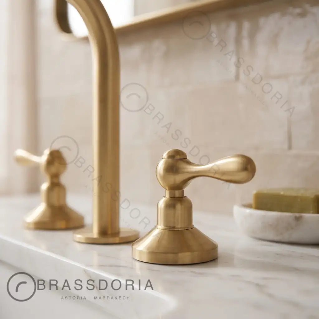 Unlacquered Brass Bathroom Faucet - 3 Holes Widespread Deck Mounted Tap - BRASSDORIA