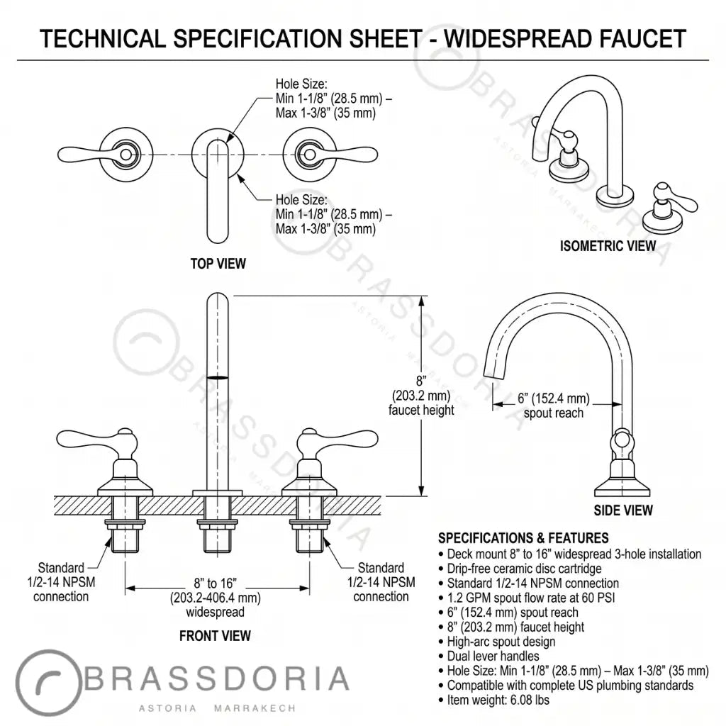 Unlacquered Brass Bathroom Faucet - 3 Holes Widespread Deck Mounted Tap - BRASSDORIA