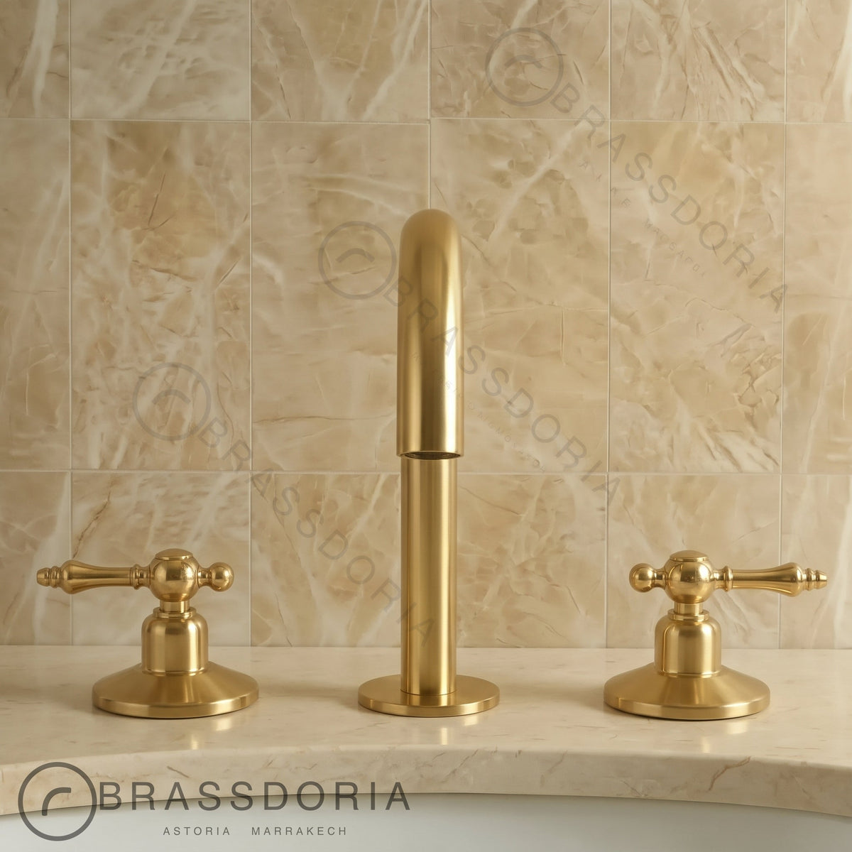 Unlacquered Brass Bathroom Faucet - 3 Holes Widespread Deck Mounted Tap - BRASSDORIA