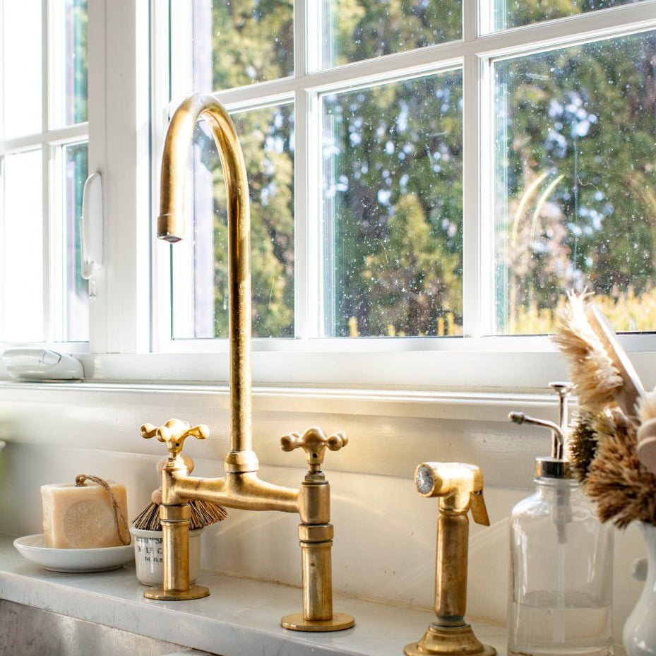 Unlacquered Brass Bridge Faucet, Antique Brass Kitchen Tap - BRASSDORIA