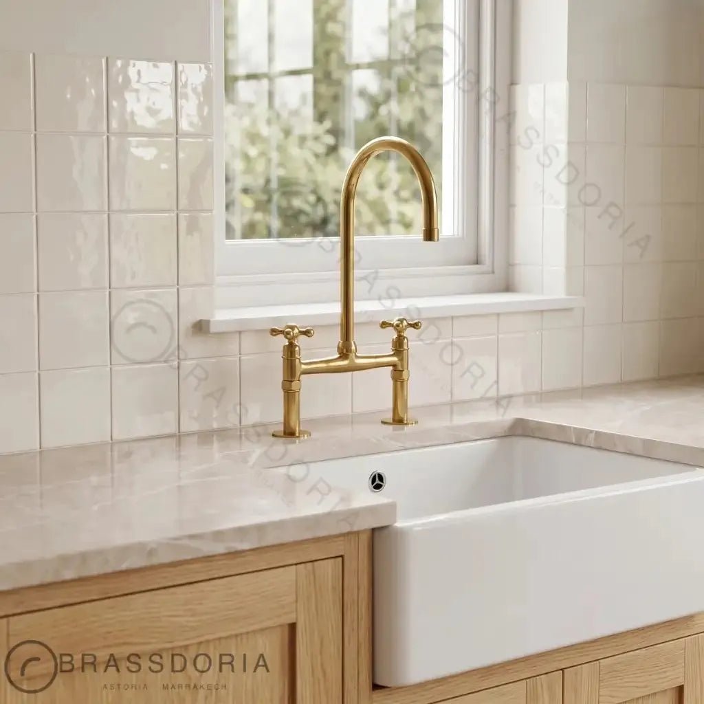 Unlacquered Brass Bridge Faucet, Antique Brass Kitchen Tap - BRASSDORIA
