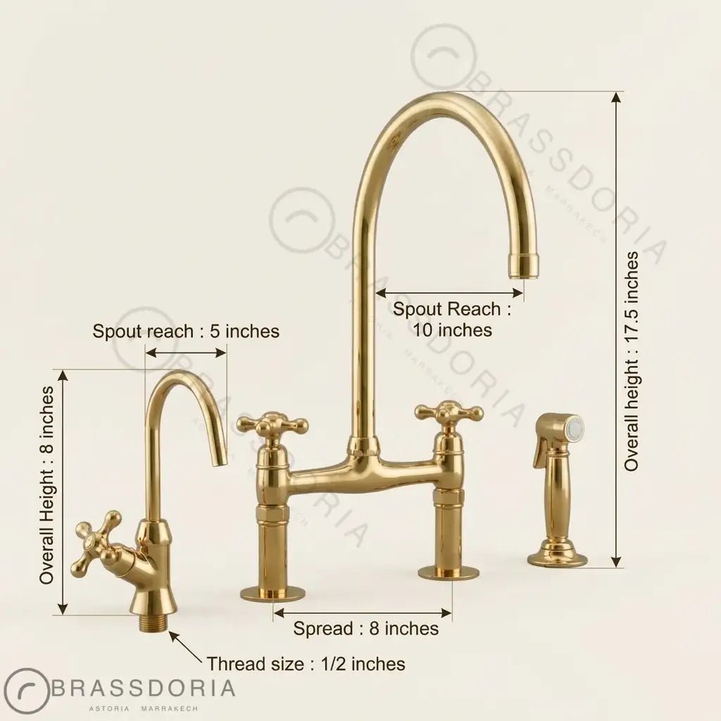 Unlacquered Brass Bridge Faucet, Antique Brass Kitchen Tap - BRASSDORIA