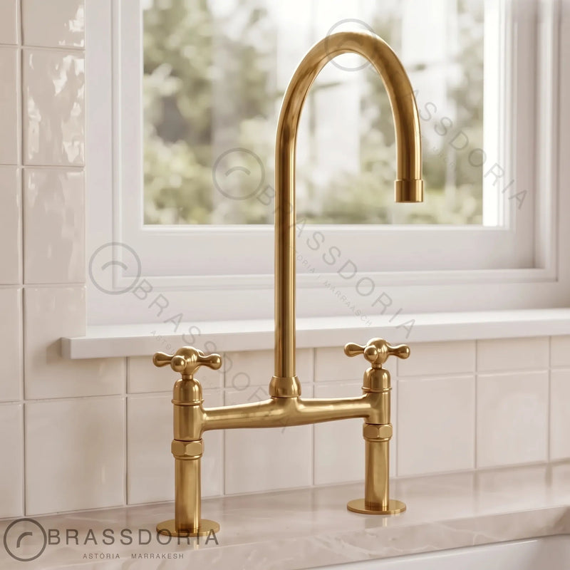 Unlacquered Brass Bridge Faucet, Antique Brass Kitchen Tap - BRASSDORIA