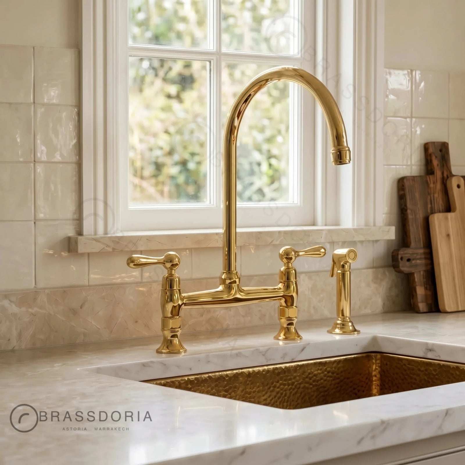 Unlacquered Brass Bridge Faucet – Solid Brass Kitchen Faucet - BRASSDORIA
