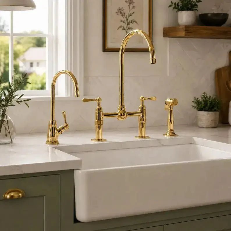 Unlacquered Brass Bridge Kitchen Faucet: 8-Inch with Side Sprayer - BRASSDORIA