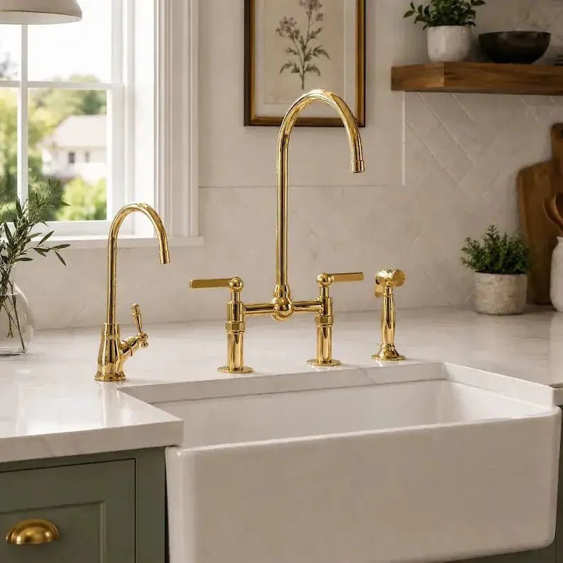 Unlacquered Brass Bridge Kitchen Faucet: 8-Inch with Side Sprayer - BRASSDORIA