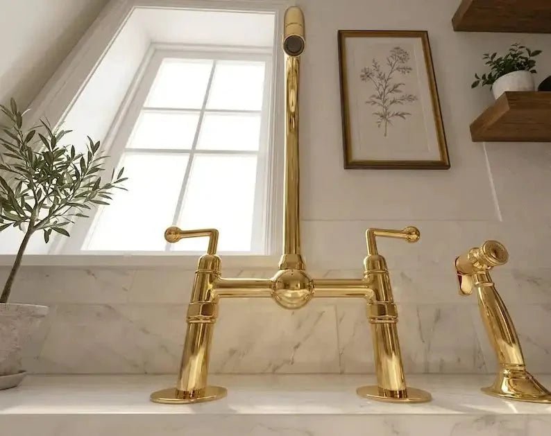 Unlacquered Brass Bridge Kitchen Faucet: 8-Inch with Side Sprayer - BRASSDORIA