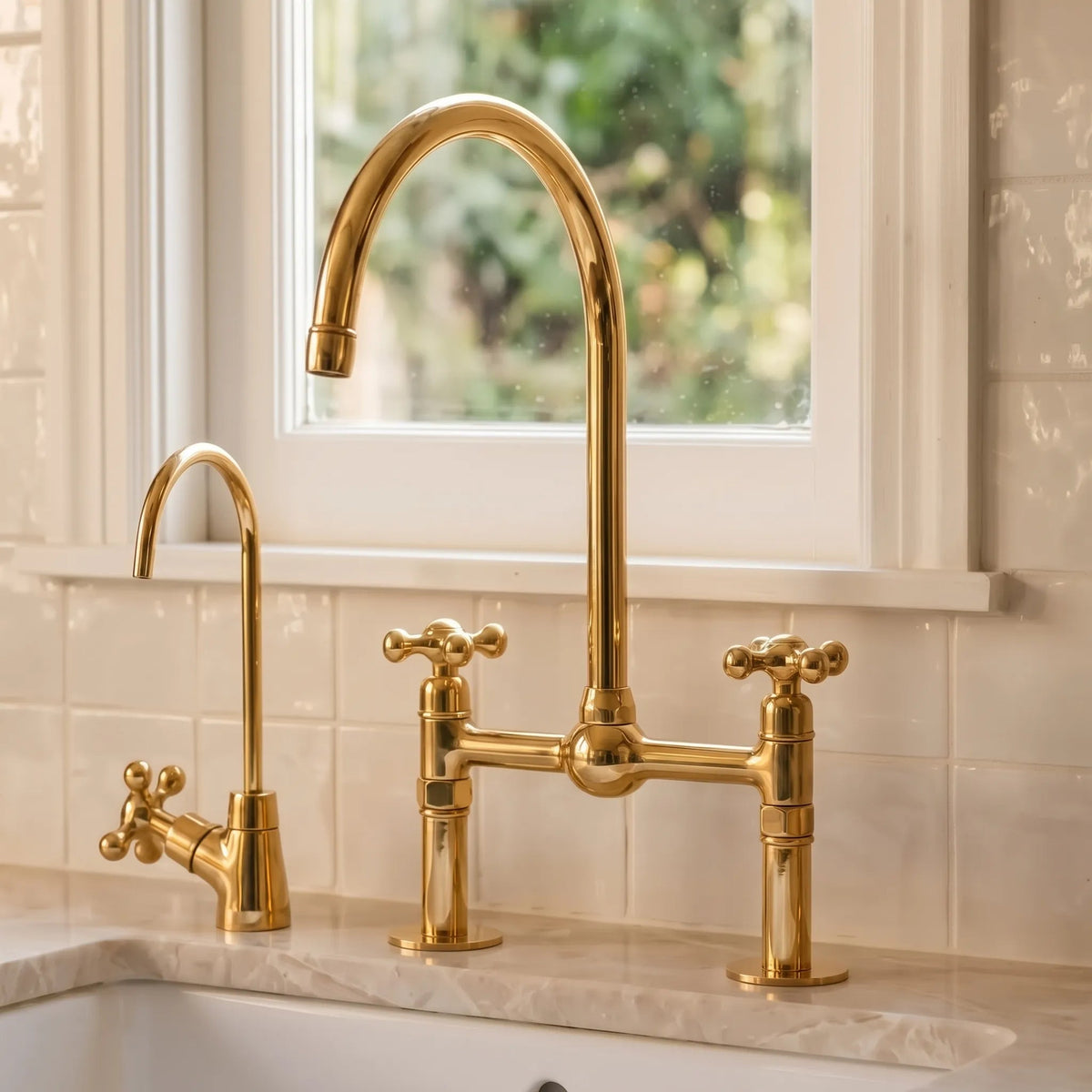 Unlacquered Brass Bridge Kitchen Faucet: 8-Inch with Side Sprayer - BRASSDORIA