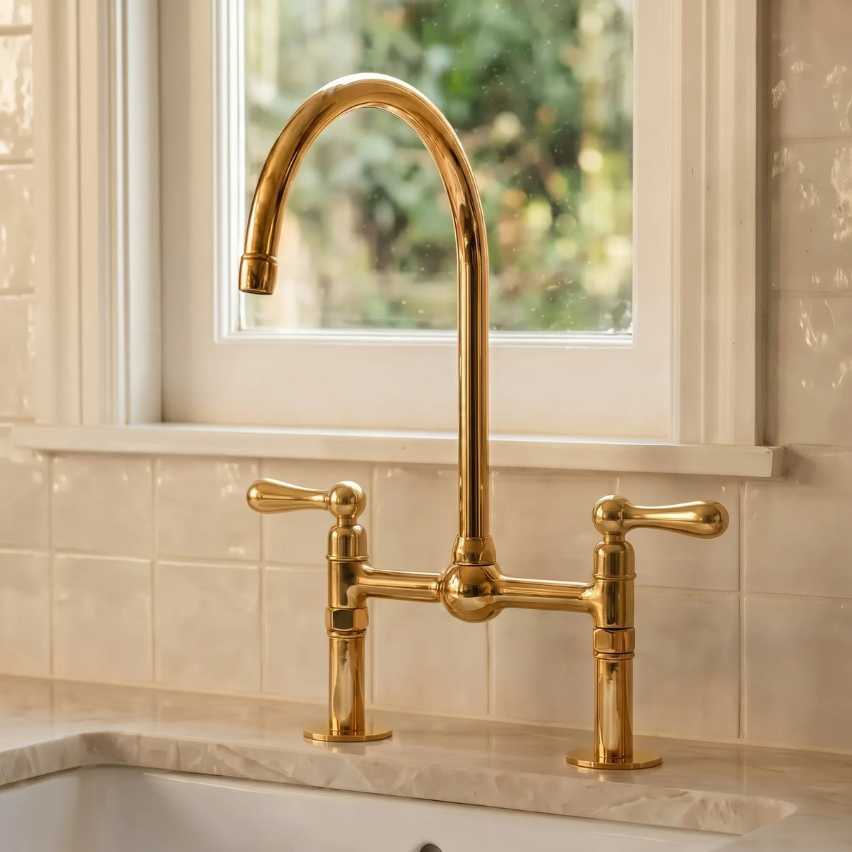 Unlacquered Brass Bridge Kitchen Faucet: 8-Inch with Side Sprayer - BRASSDORIA
