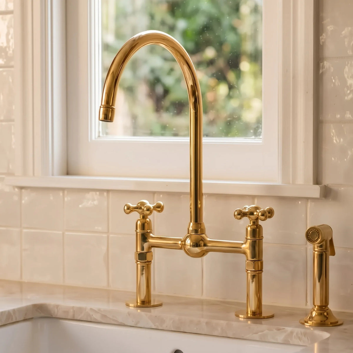Unlacquered Brass Bridge Kitchen Faucet: 8-Inch with Side Sprayer - BRASSDORIA