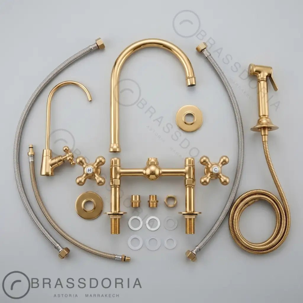 Unlacquered Brass Bridge Kitchen Faucet: 8-Inch with Side Sprayer - BRASSDORIA
