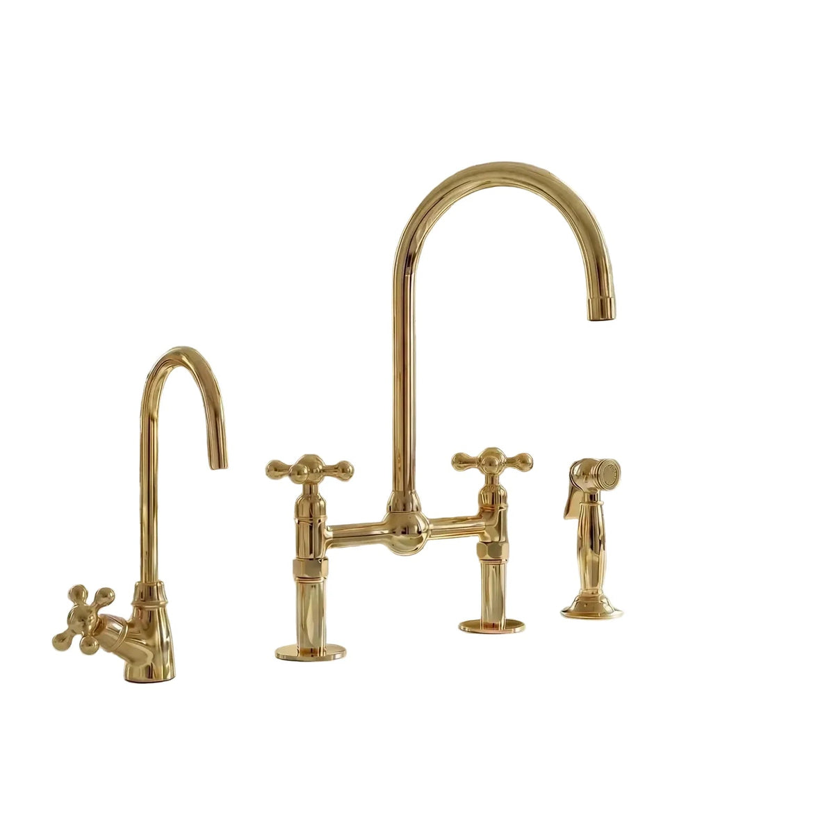 Unlacquered Brass Bridge Kitchen Faucet: 8-Inch with Side Sprayer - BRASSDORIA
