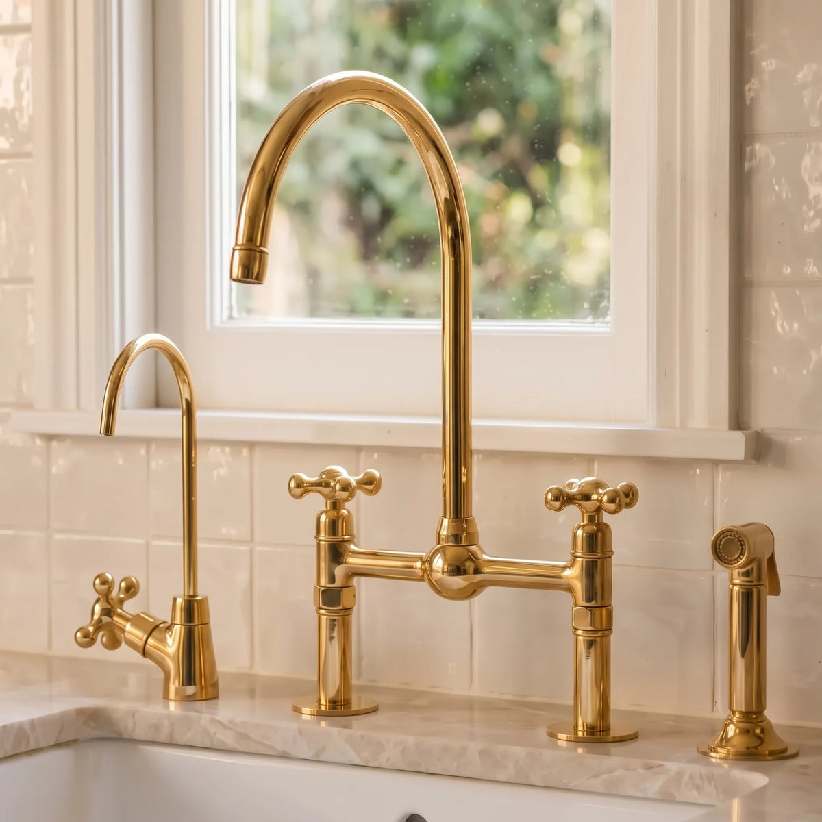 Unlacquered Brass Bridge Kitchen Faucet: 8-Inch with Side Sprayer - BRASSDORIA