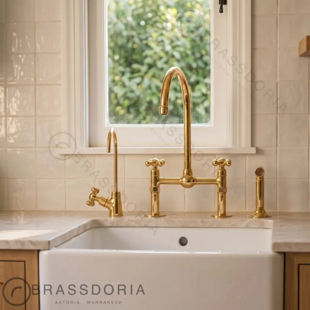 Unlacquered Brass Bridge Kitchen Faucet: 8-Inch with Side Sprayer - BRASSDORIA
