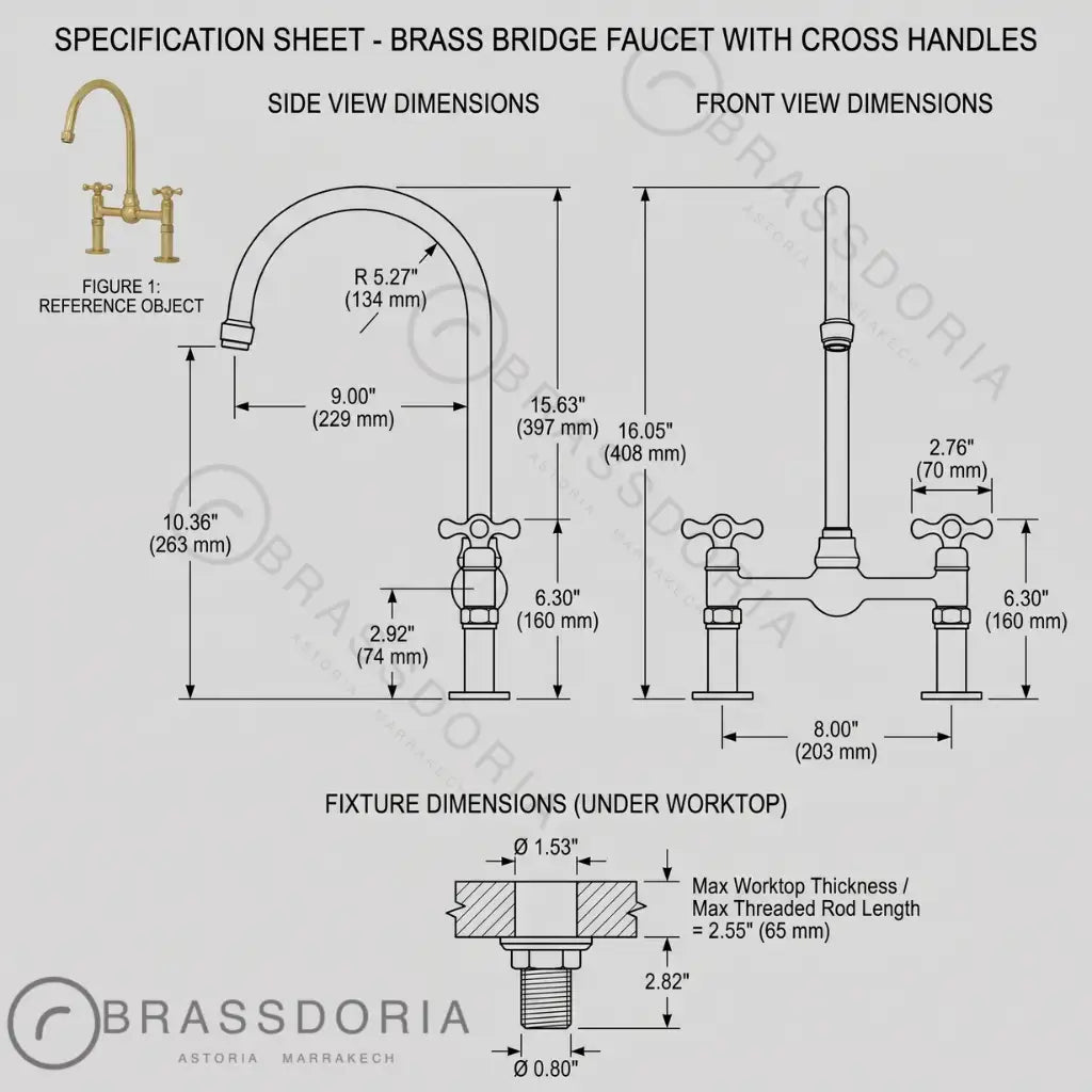 Unlacquered Brass Bridge Kitchen Faucet: 8-Inch with Side Sprayer - BRASSDORIA