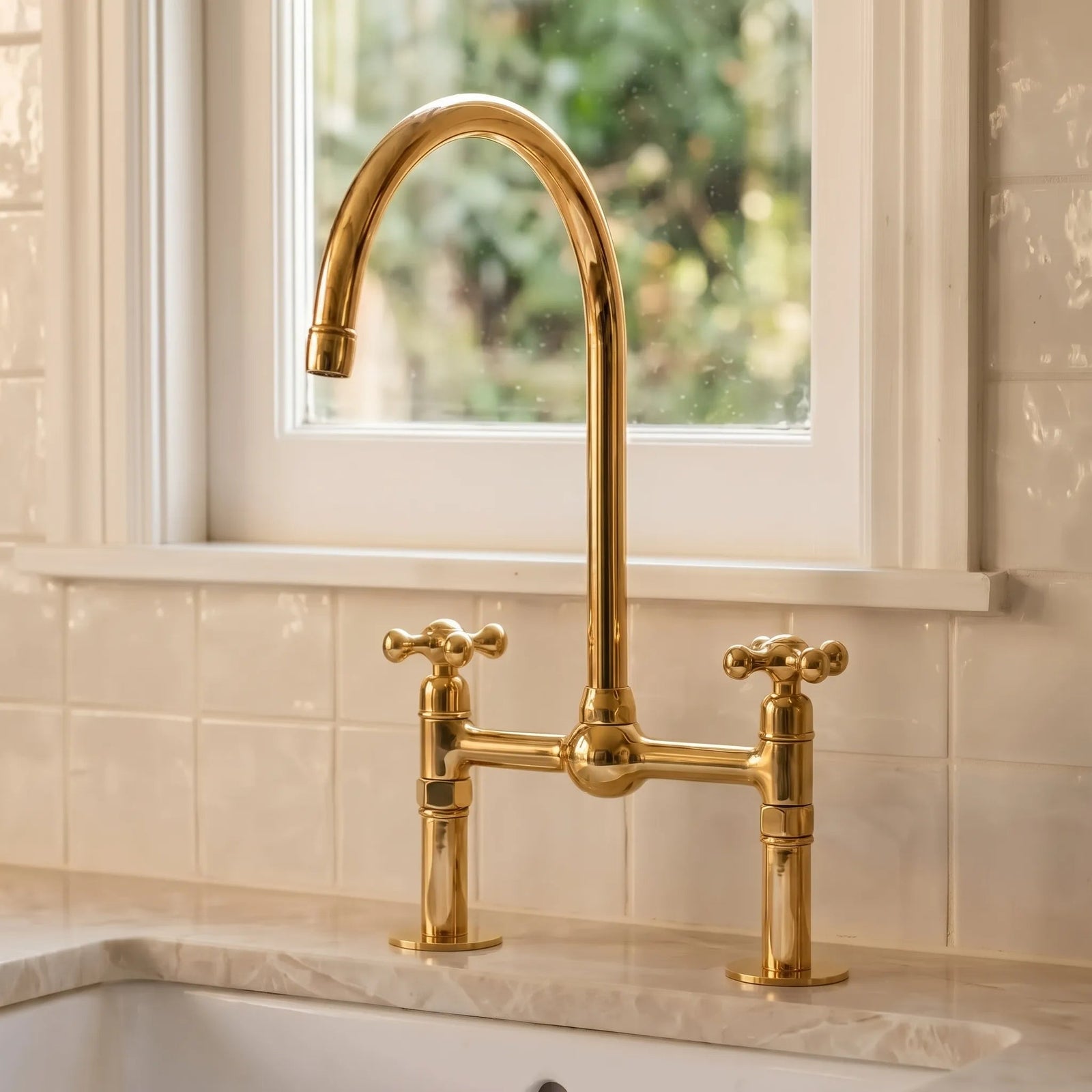 Unlacquered Brass Bridge Kitchen Faucet: 8-Inch with Side Sprayer - BRASSDORIA