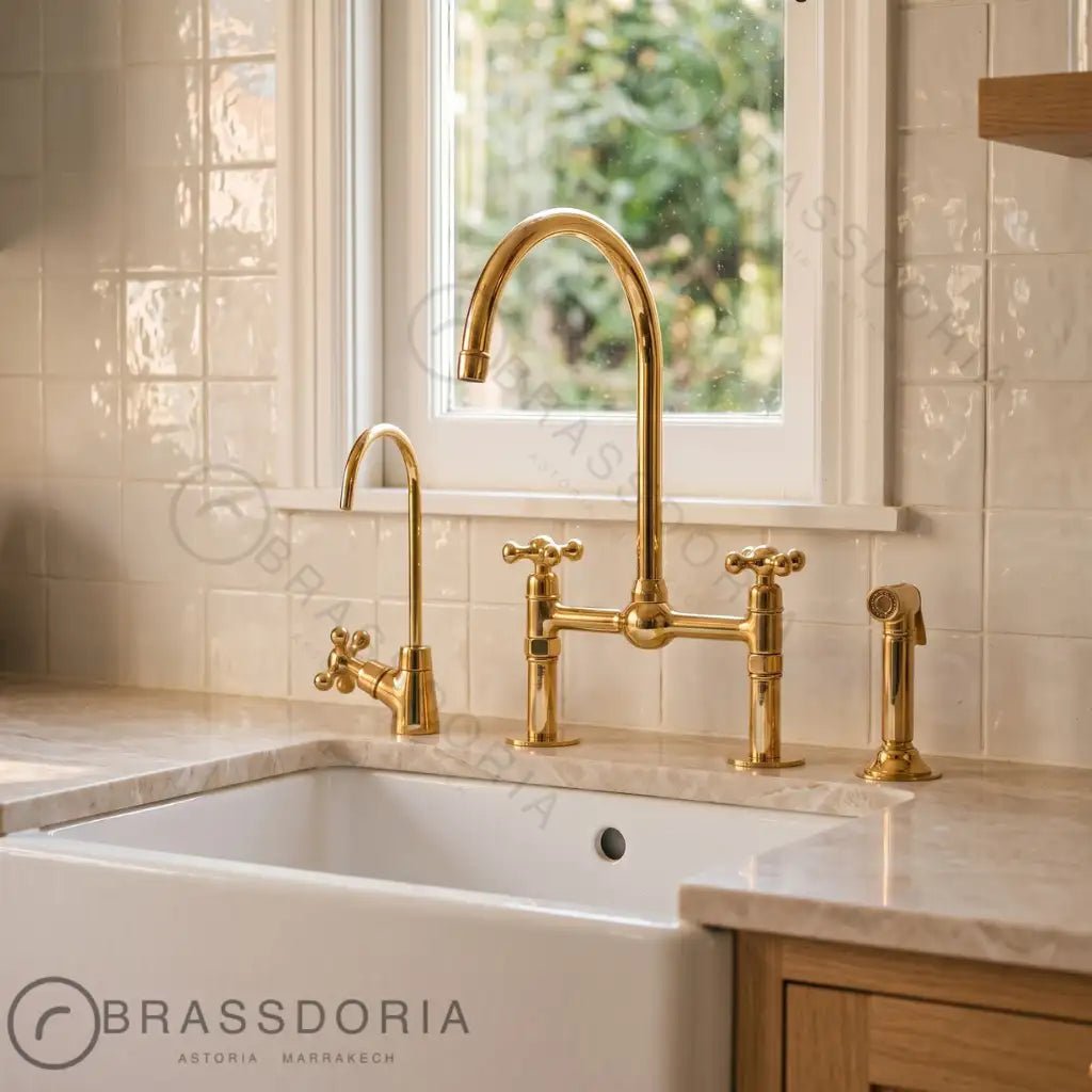Unlacquered Brass Bridge Kitchen Faucet: 8-Inch with Side Sprayer - BRASSDORIA