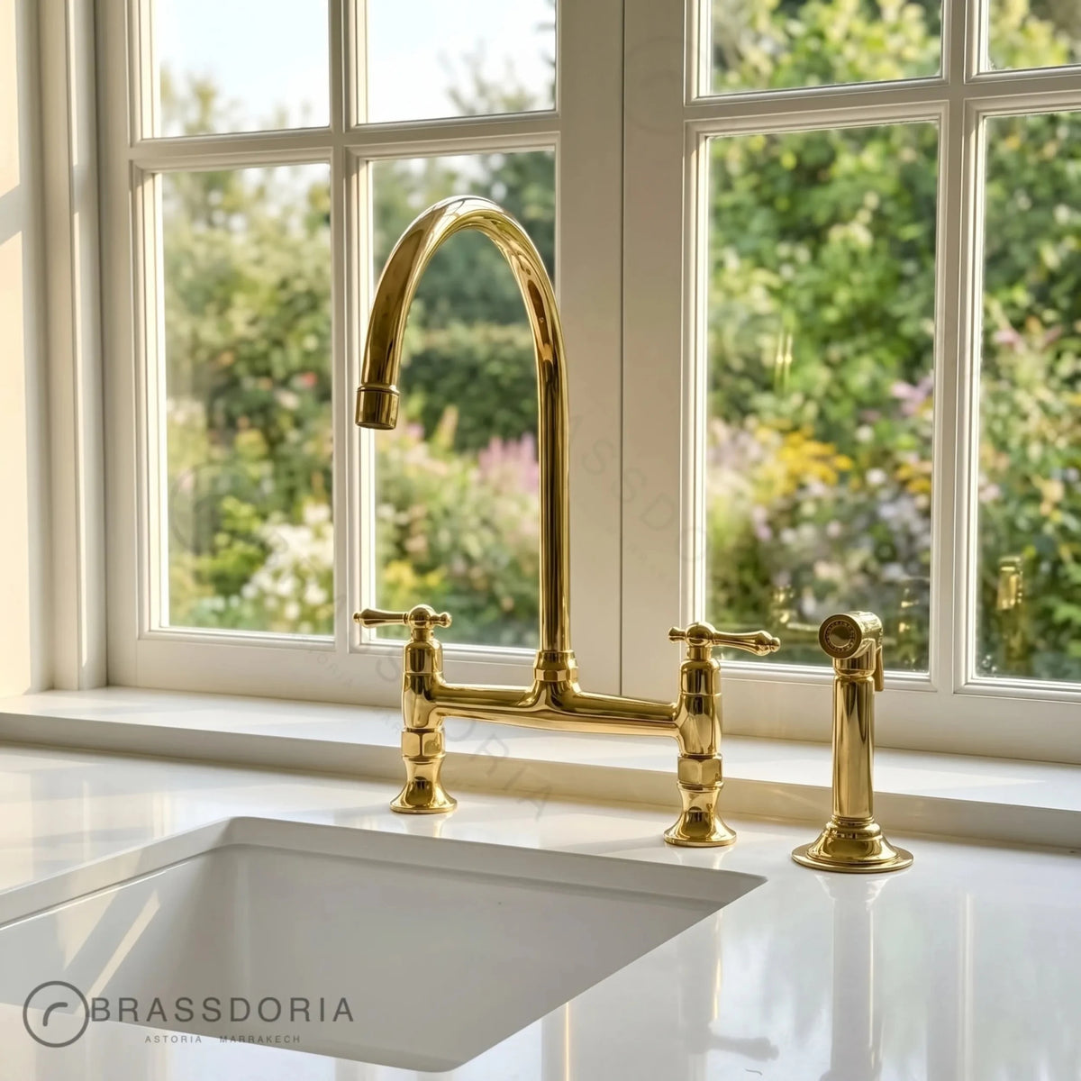 Unlacquered Brass Bridge Kitchen Faucet | Cross Handles & Living Finish - BRASSDORIA