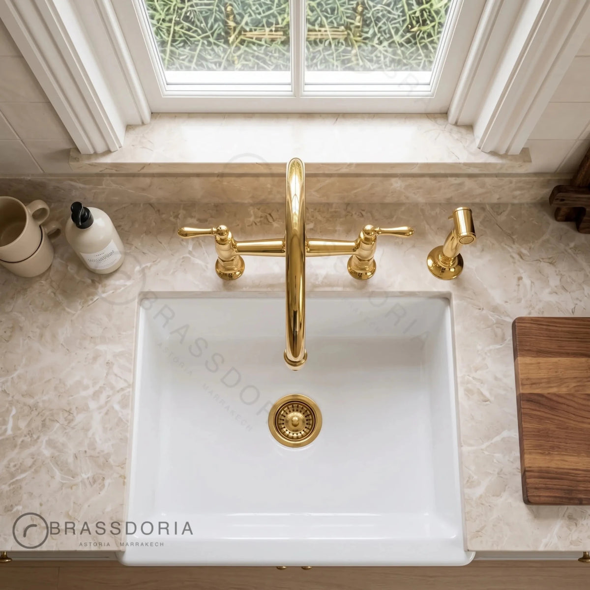 Unlacquered Brass Bridge Kitchen Faucet | Cross Handles & Living Finish - BRASSDORIA