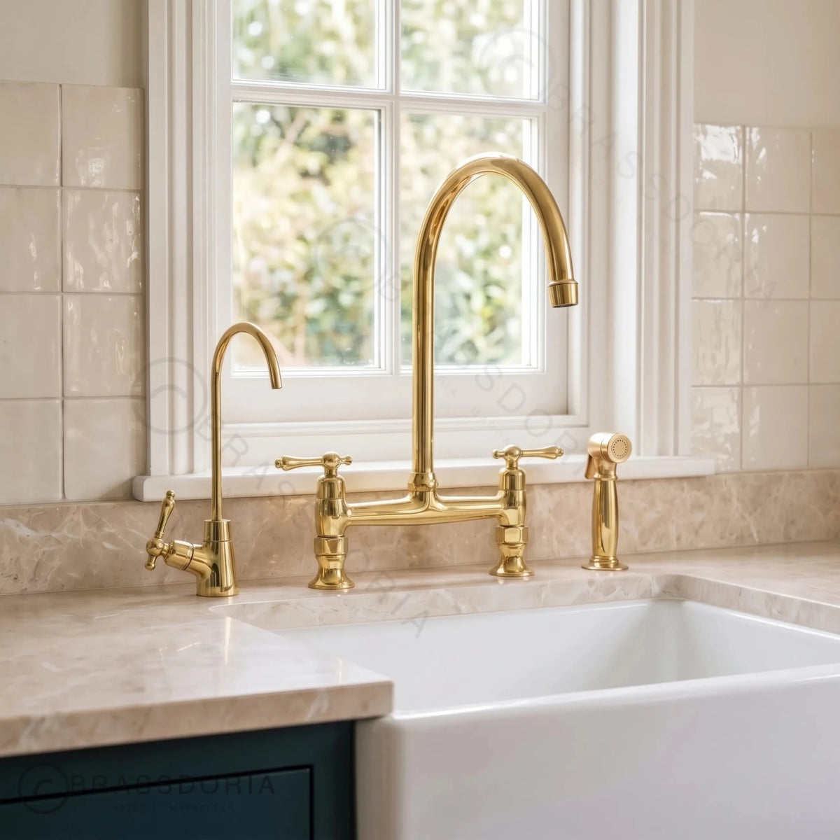Unlacquered Brass Bridge Kitchen Faucet | Cross Handles & Living Finish - BRASSDORIA