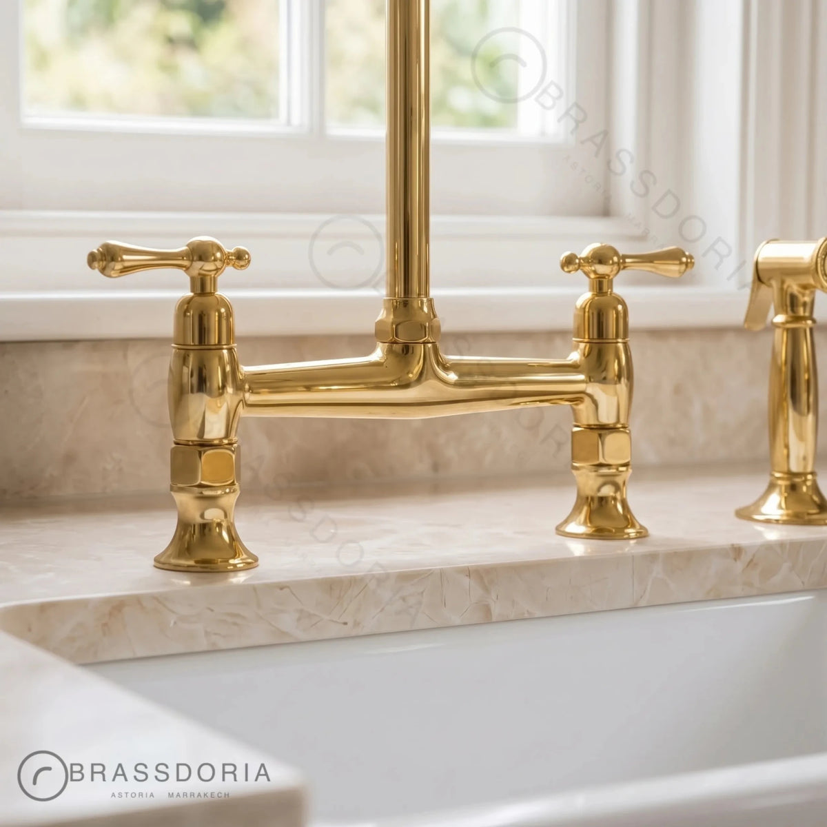 Unlacquered Brass Bridge Kitchen Faucet | Cross Handles & Living Finish - BRASSDORIA