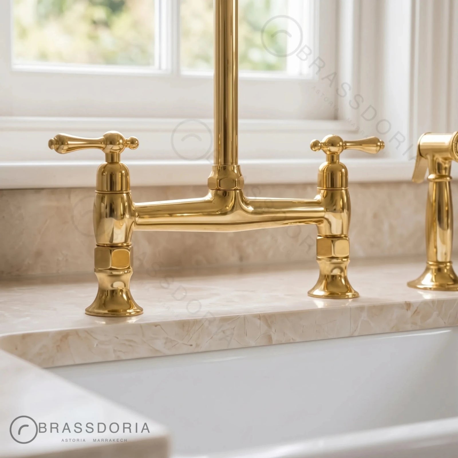 Unlacquered Brass Bridge Kitchen Faucet | Cross Handles & Living Finish - BRASSDORIA