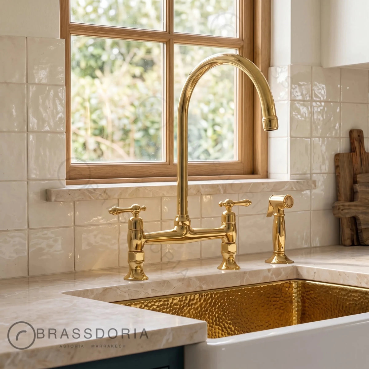 Unlacquered Brass Bridge Kitchen Faucet | Cross Handles & Living Finish - BRASSDORIA