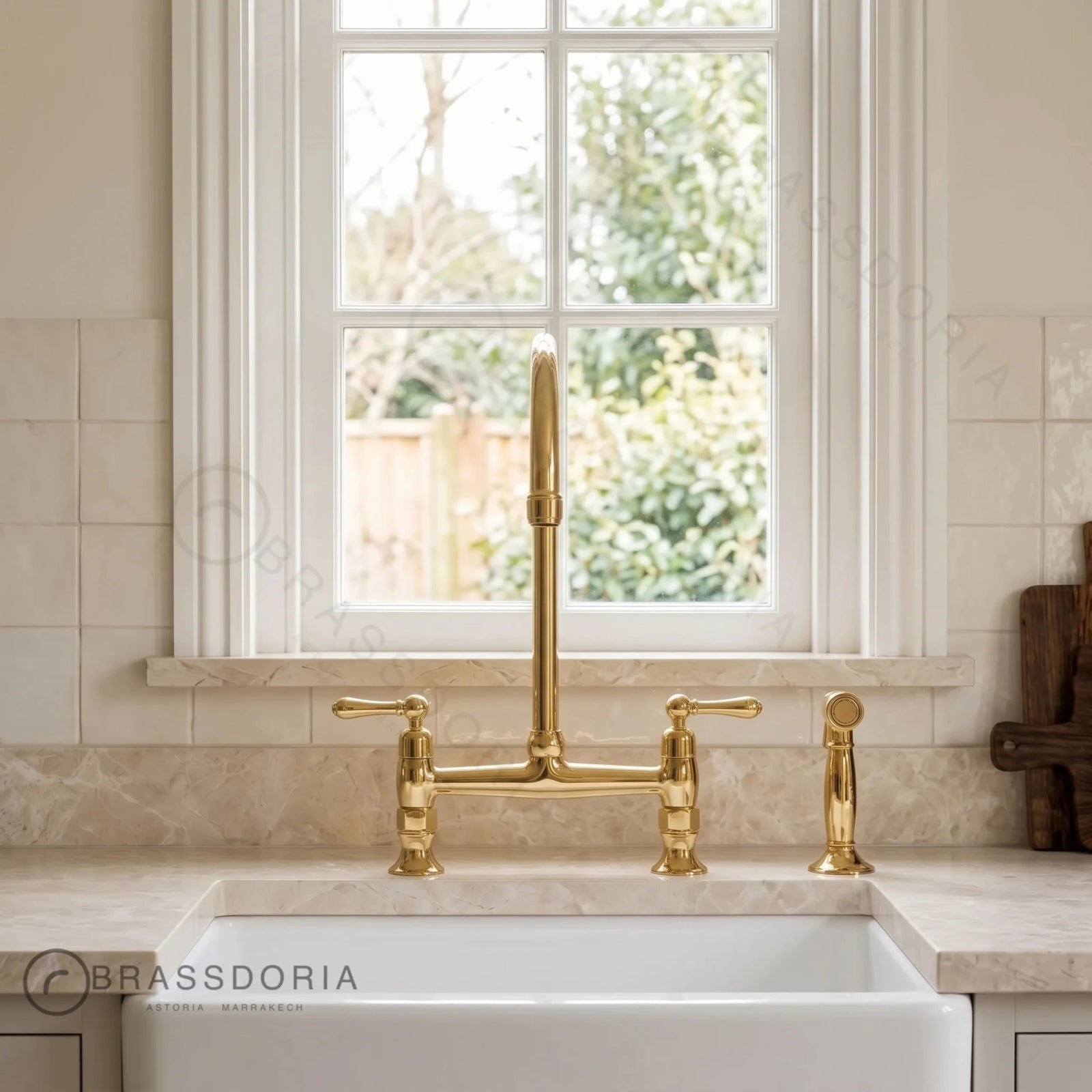 Unlacquered Brass Bridge Kitchen Faucet | Cross Handles & Living Finish - BRASSDORIA