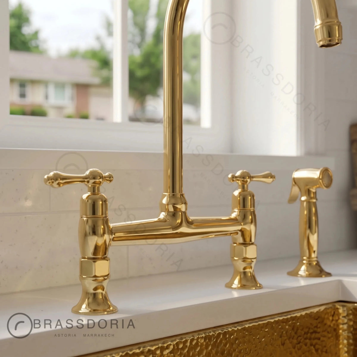 Unlacquered Brass Bridge Kitchen Faucet | Cross Handles & Living Finish - BRASSDORIA