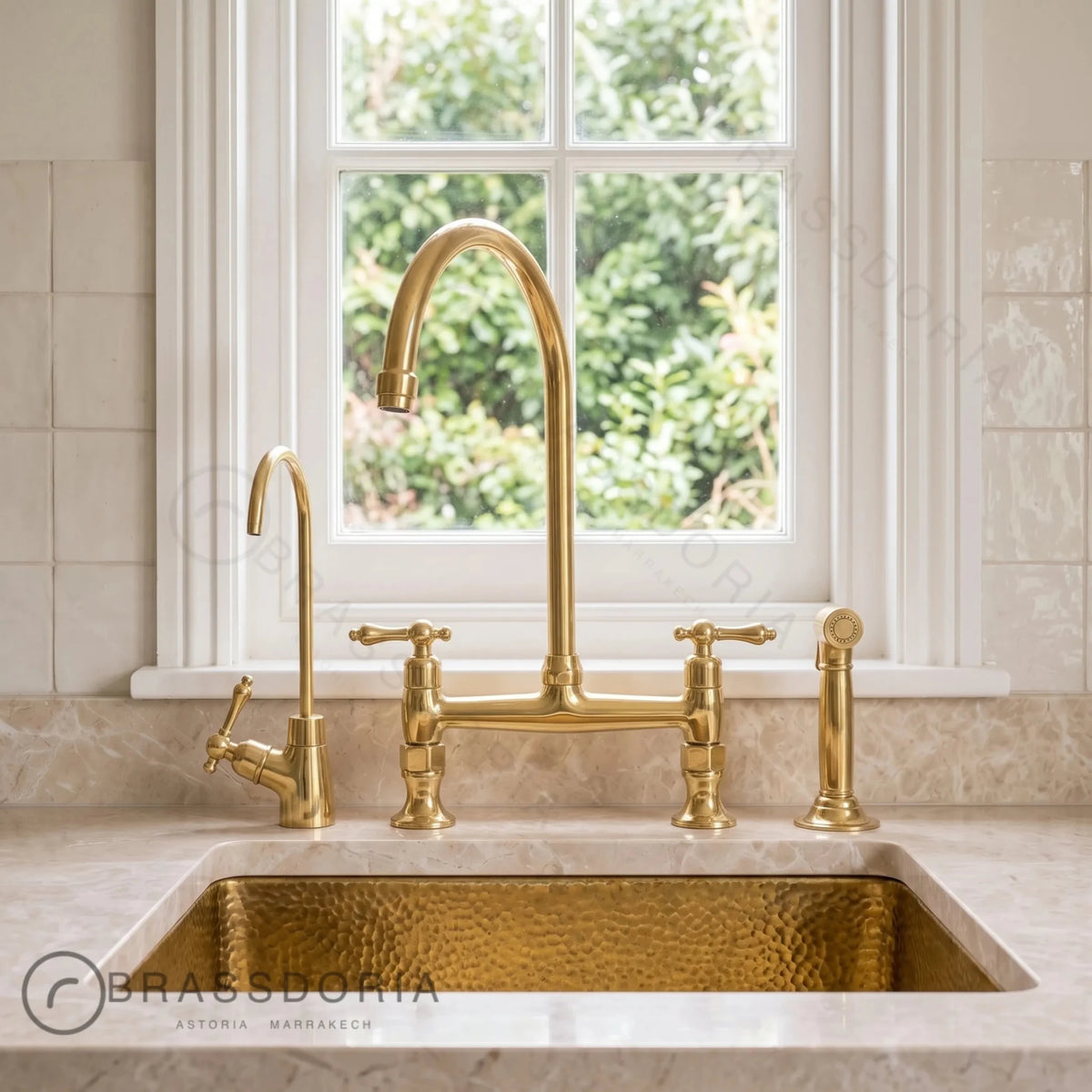 Unlacquered Brass Bridge Kitchen Faucet | Cross Handles & Living Finish - BRASSDORIA