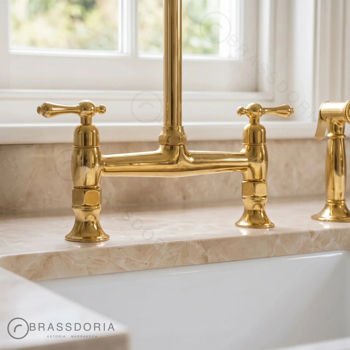 Unlacquered Brass Bridge Kitchen Faucet | Cross Handles & Living Finish - BRASSDORIA