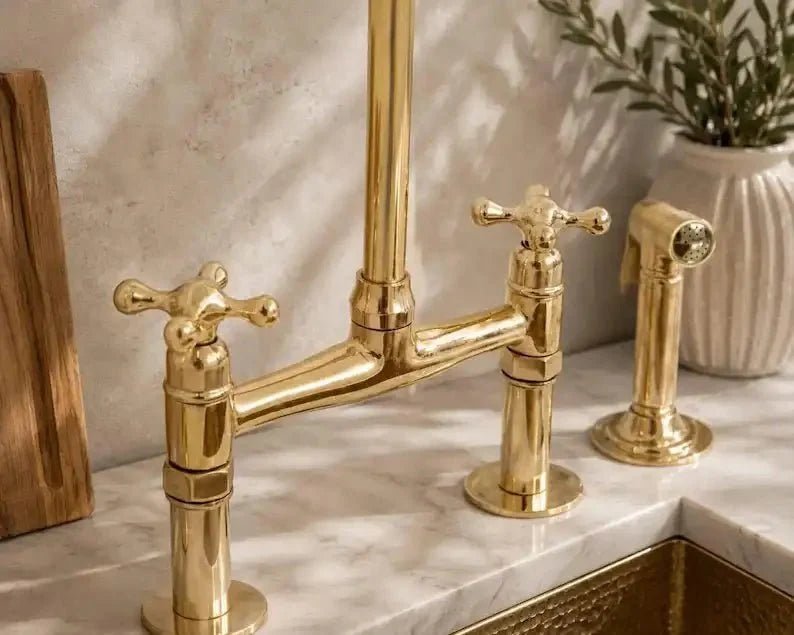 Unlacquered Brass Bridge Kitchen Faucet - Solid Brass Kitchen Tap - BRASSDORIA
