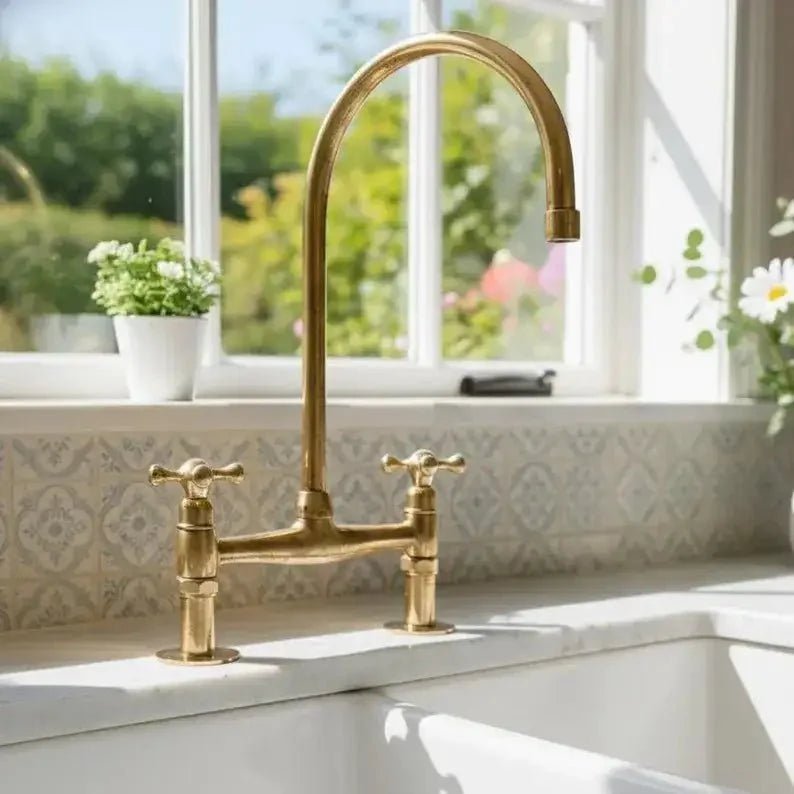 Unlacquered Brass Bridge Kitchen Faucet - Solid Brass Kitchen Tap - BRASSDORIA