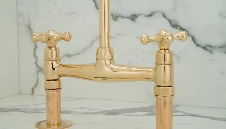 Unlacquered Brass Bridge Kitchen Faucet - Solid Brass Kitchen Tap - BRASSDORIA