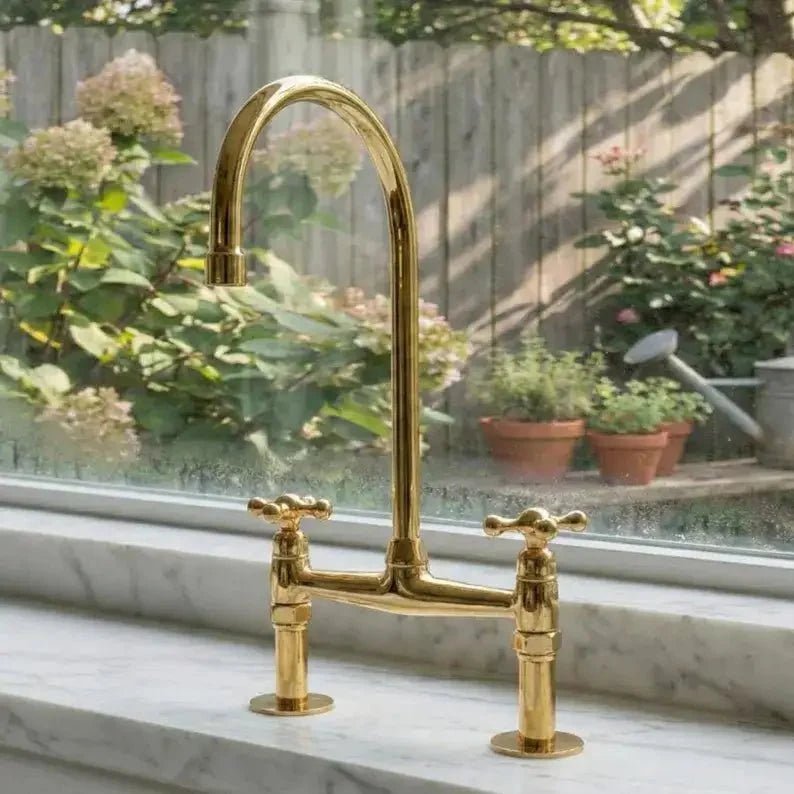 Unlacquered Brass Bridge Kitchen Faucet - Solid Brass Kitchen Tap - BRASSDORIA