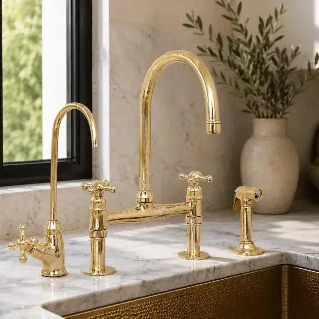 Unlacquered Brass Bridge Kitchen Faucet - Solid Brass Kitchen Tap - BRASSDORIA