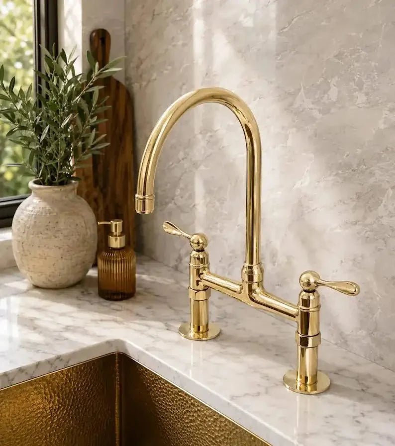 Unlacquered Brass Bridge Kitchen Faucet - Solid Brass Kitchen Tap - BRASSDORIA