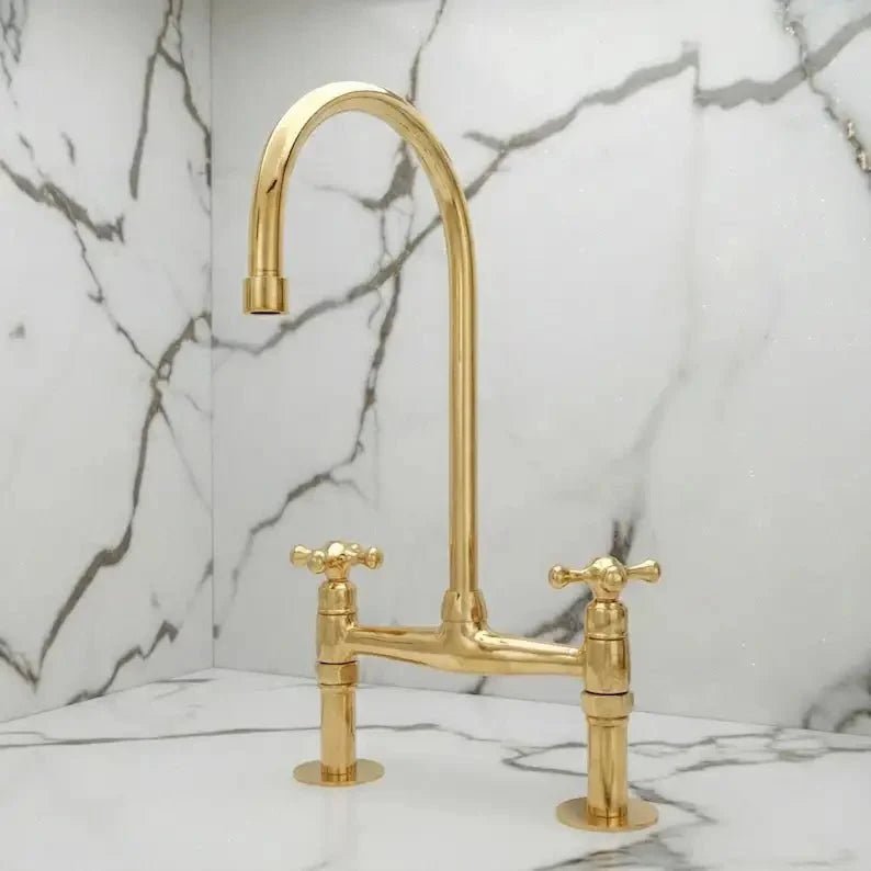 Unlacquered Brass Bridge Kitchen Faucet - Solid Brass Kitchen Tap - BRASSDORIA