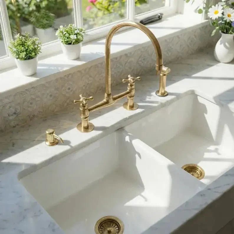 Unlacquered Brass Bridge Kitchen Faucet - Solid Brass Kitchen Tap - BRASSDORIA