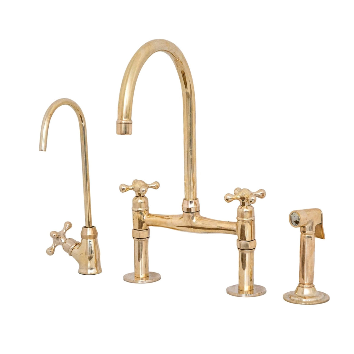 Unlacquered Brass Bridge Kitchen Faucet - Solid Brass Kitchen Tap - BRASSDORIA