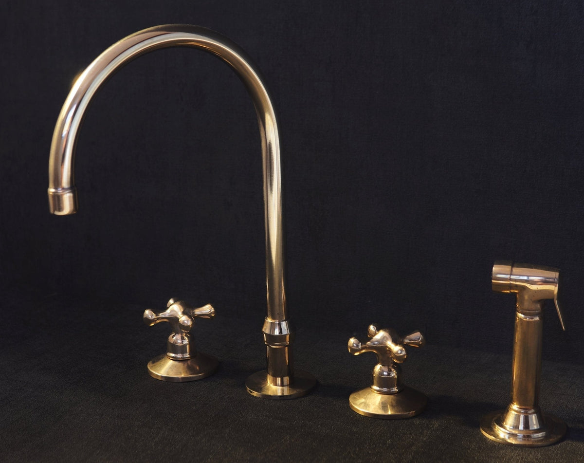Unlacquered Brass Deck Mounted 3 Holes Faucet, Brass widespread Faucet for Bathroom and Kitchen - BRASSDORIA