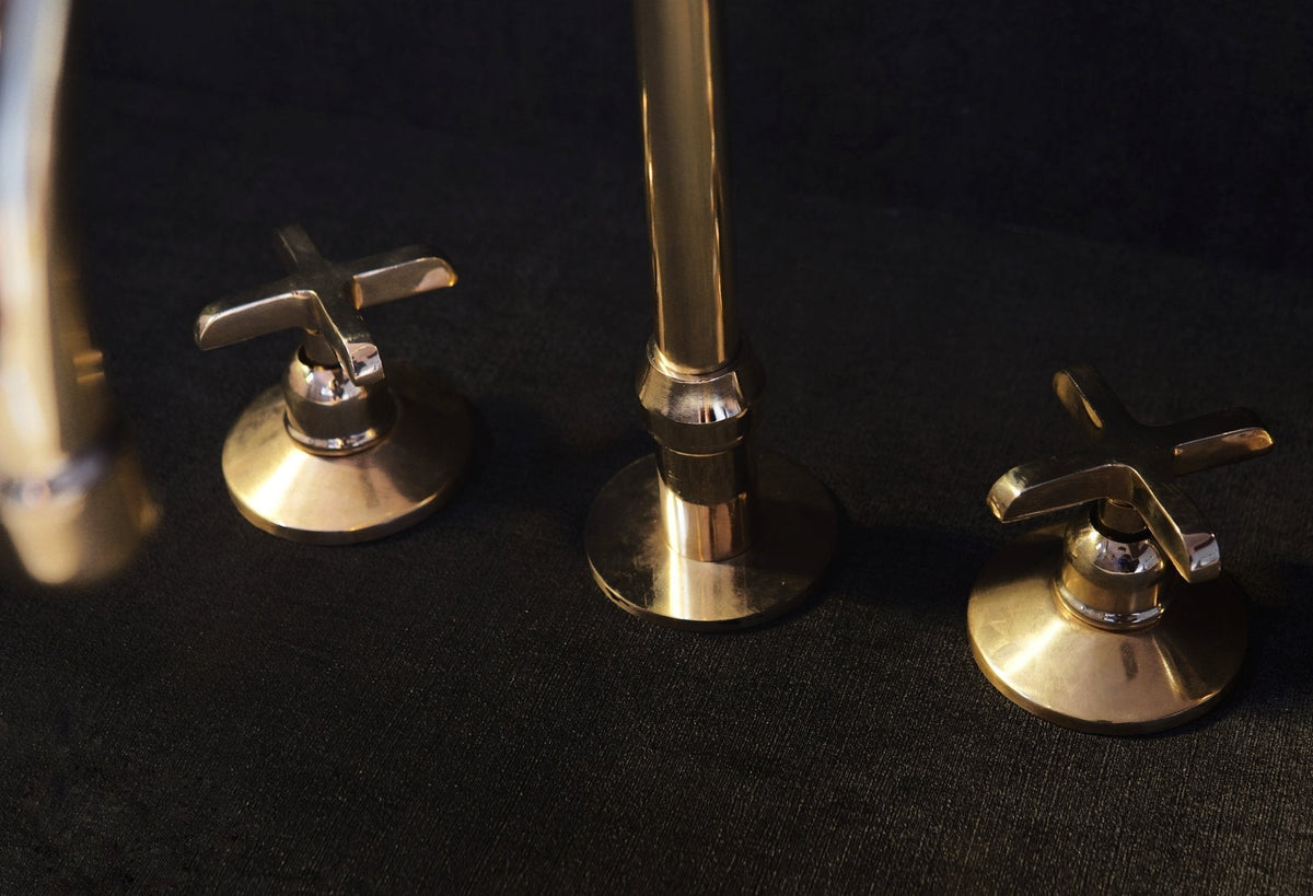 Unlacquered Brass Deck Mounted 3 Holes Faucet, Brass widespread Faucet for Bathroom and Kitchen - BRASSDORIA