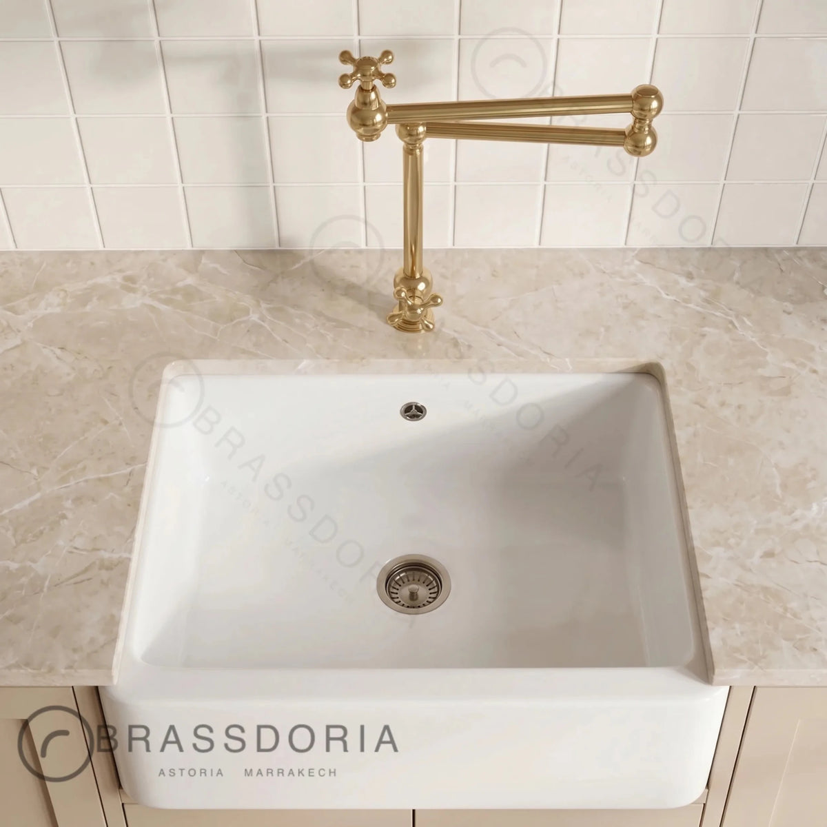 Unlacquered Brass Deck-Mounted & Swing Arm Kitchen Faucet – Cross Handles & Articulated Spout - BRASSDORIA