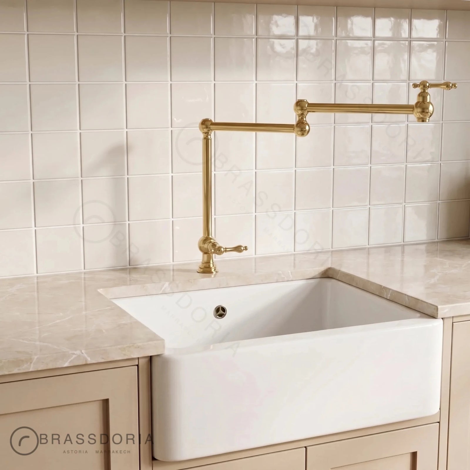 Unlacquered Brass Deck-Mounted & Swing Arm Kitchen Faucet – Cross Handles & Articulated Spout - BRASSDORIA