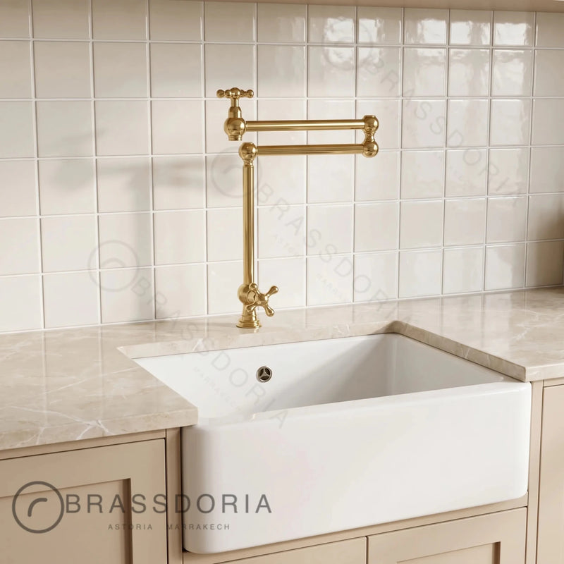 Unlacquered Brass Deck-Mounted & Swing Arm Kitchen Faucet – Cross Handles & Articulated Spout - BRASSDORIA
